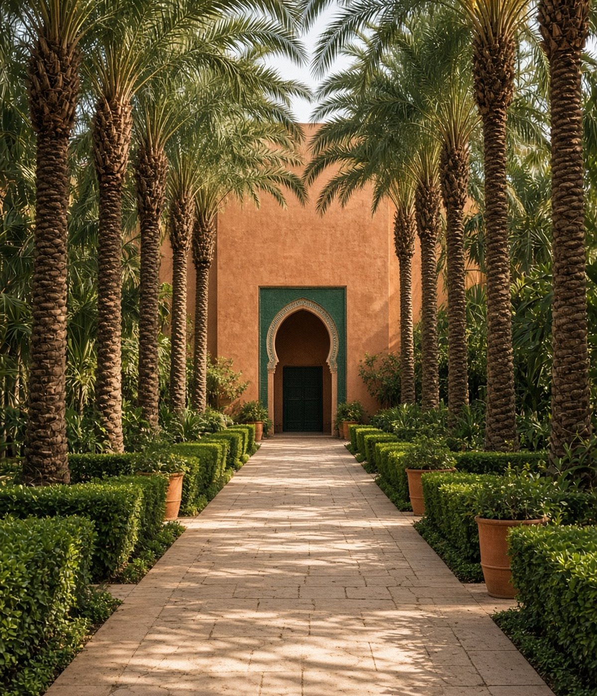 Stone garden walkway lined with palms and clipped hedges leading to an arched entrance