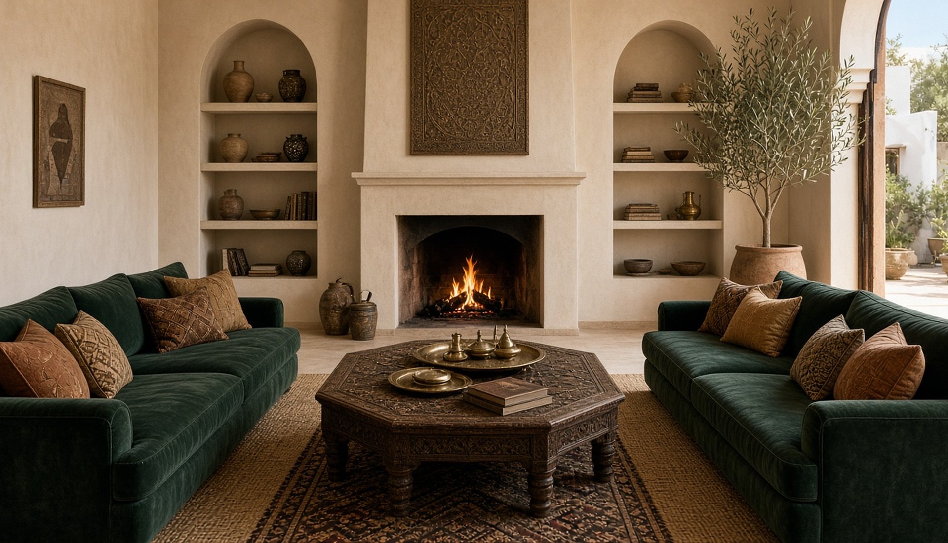 Moroccan living room with green velvet sofas, carved wooden coffee table, lit fireplace and built-in shelves