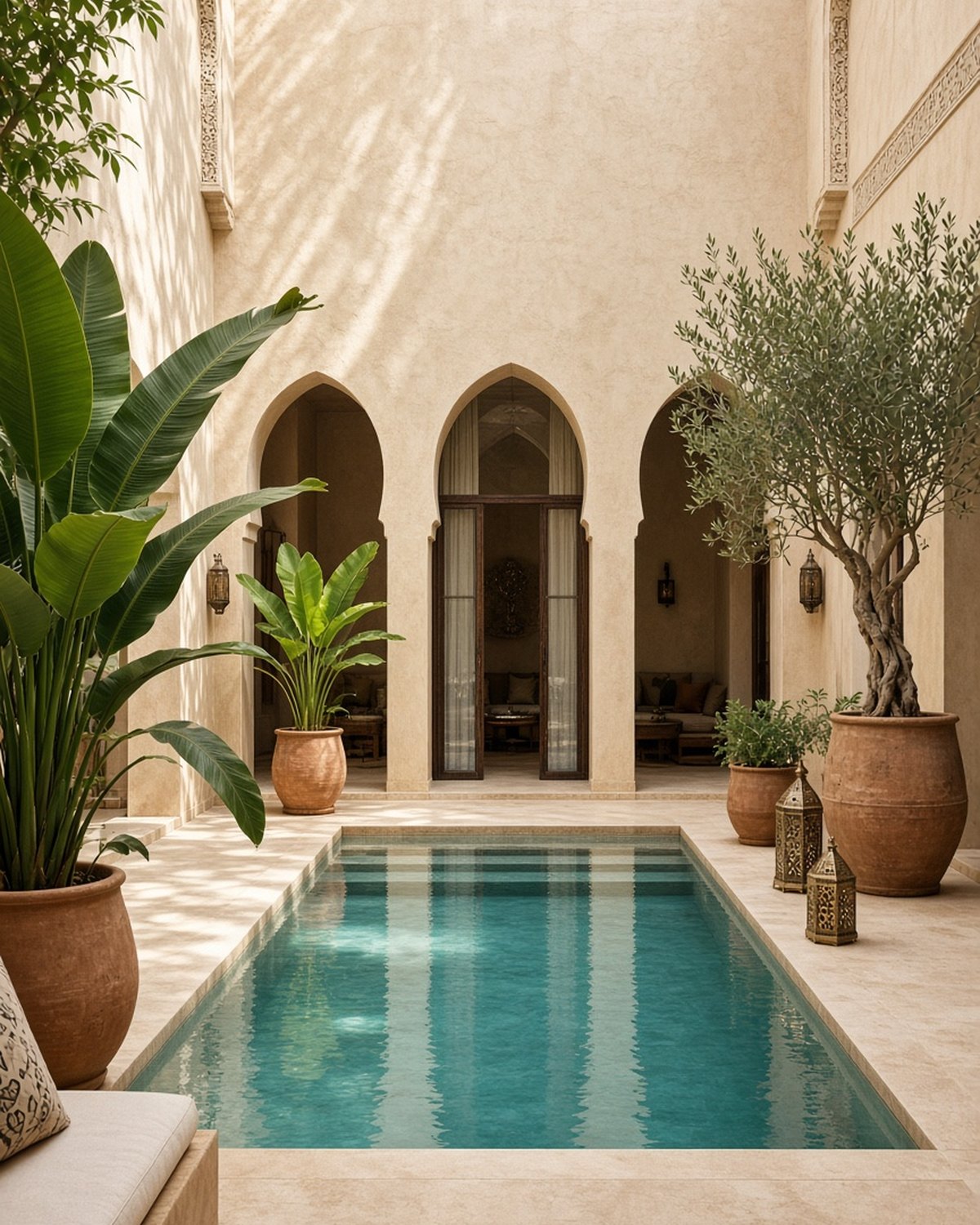 Riad courtyard with a turquoise plunge pool, arched doorways, banana plants and an olive tree in terracotta pots