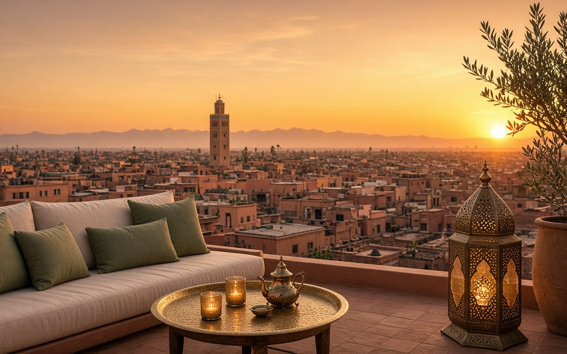 Rooftop terrace of Dar Al Ofoq at golden hour with sofa, brass tray table and lanterns, the Koutoubia minaret and Atlas mountains on the horizon